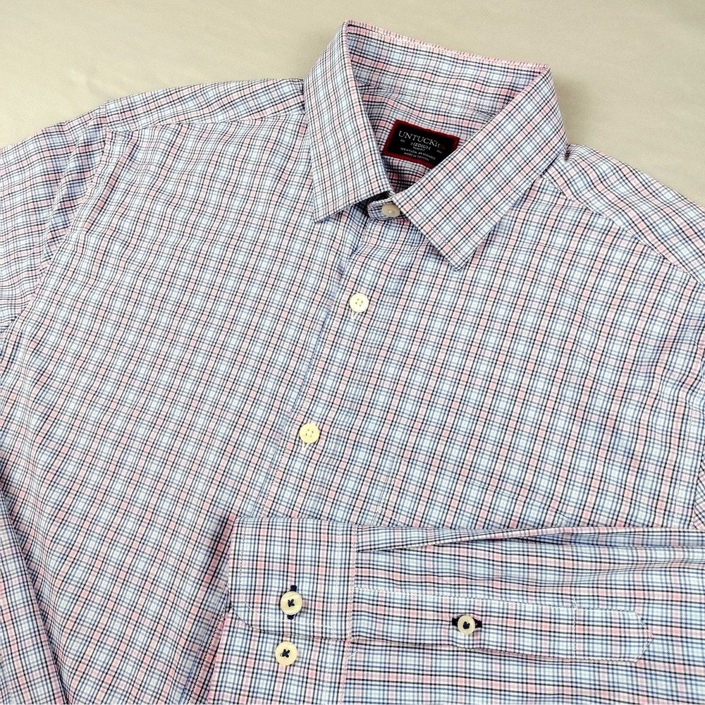 UNTUCKit Slim Fit Buehler Button Down Shirt Men's Medium Blue Pink Plaid Stretch